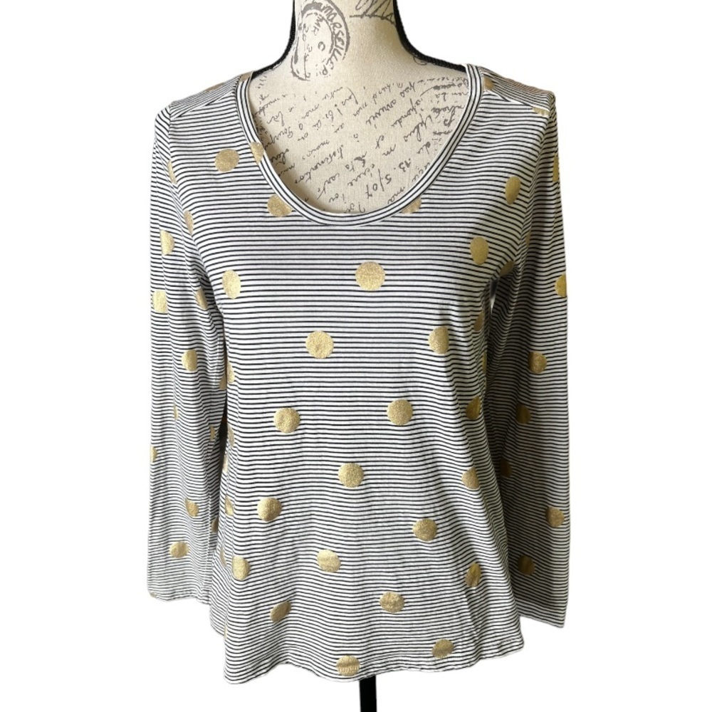 LOFT Black & White Stripe w/ Gold Polka Dot Long Sleeve Knit Shirt Sz Medium